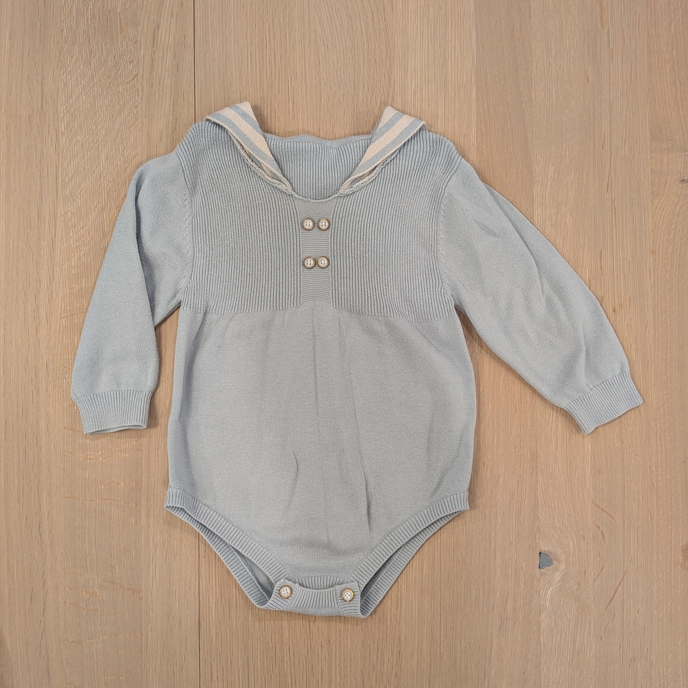 Charming Blue Gray Long-Sleeve Kids Bodysuit With Sailor Collar